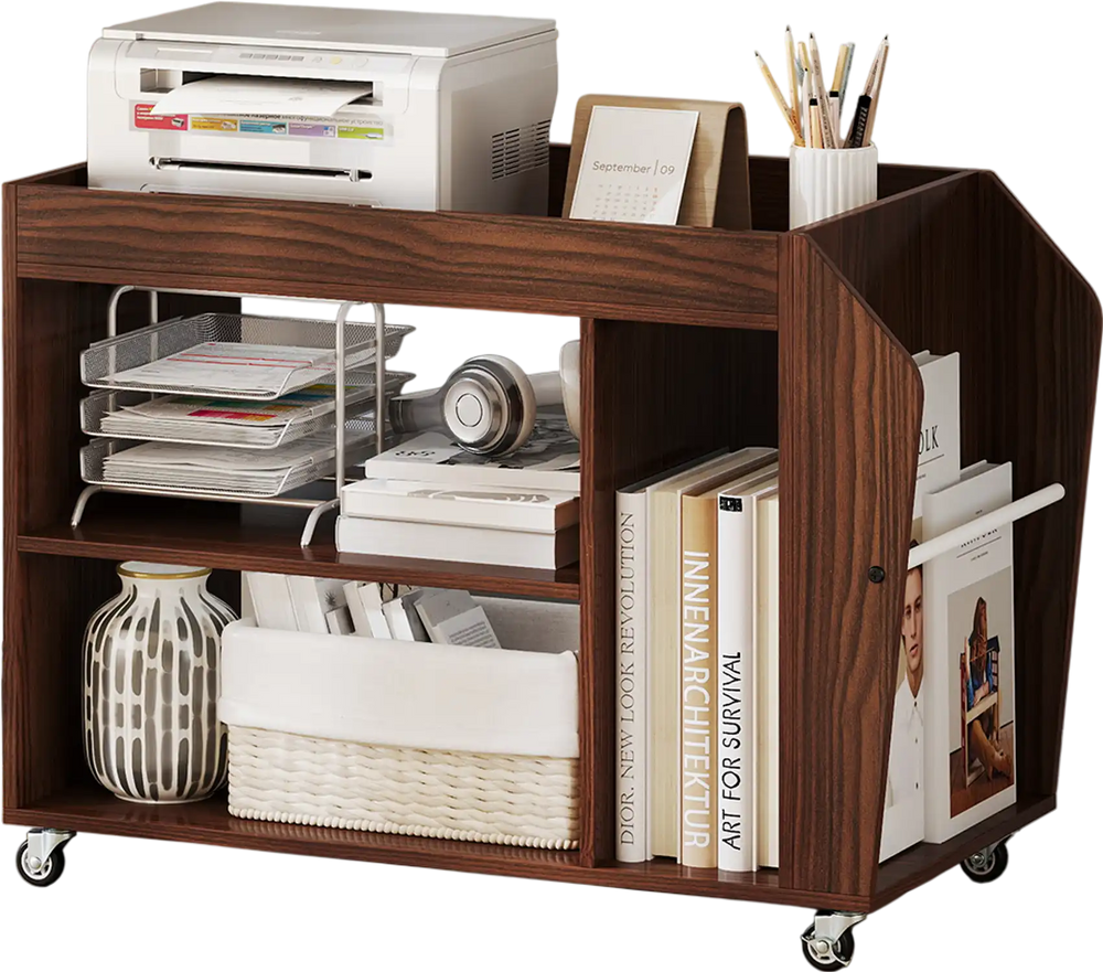 3-tier side end table in walnut with universal wheels, featuring open compartments for organized storage and easy.