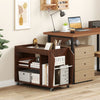 3-tier walnut side end table with universal wheels, featuring open compartments for organized storage and easy mobility.