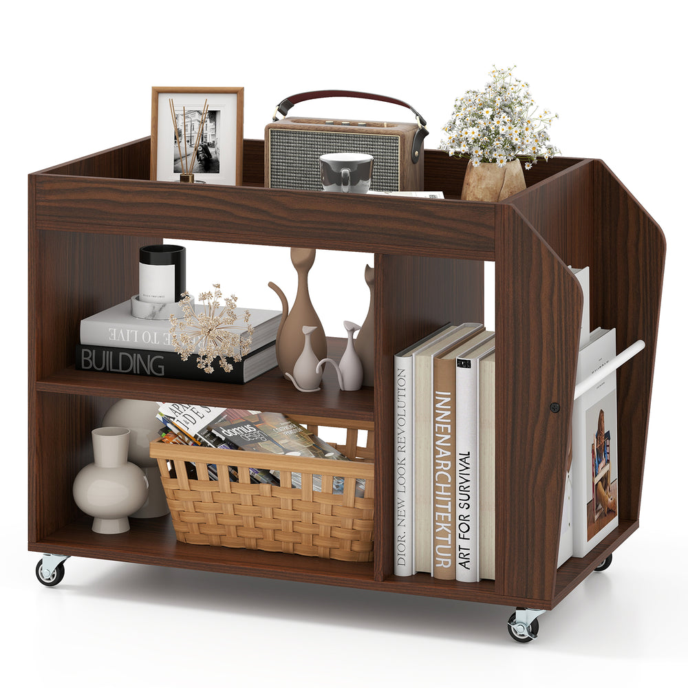 3-tier walnut side end table with universal wheels, featuring open compartments and a heightened guardrail for.