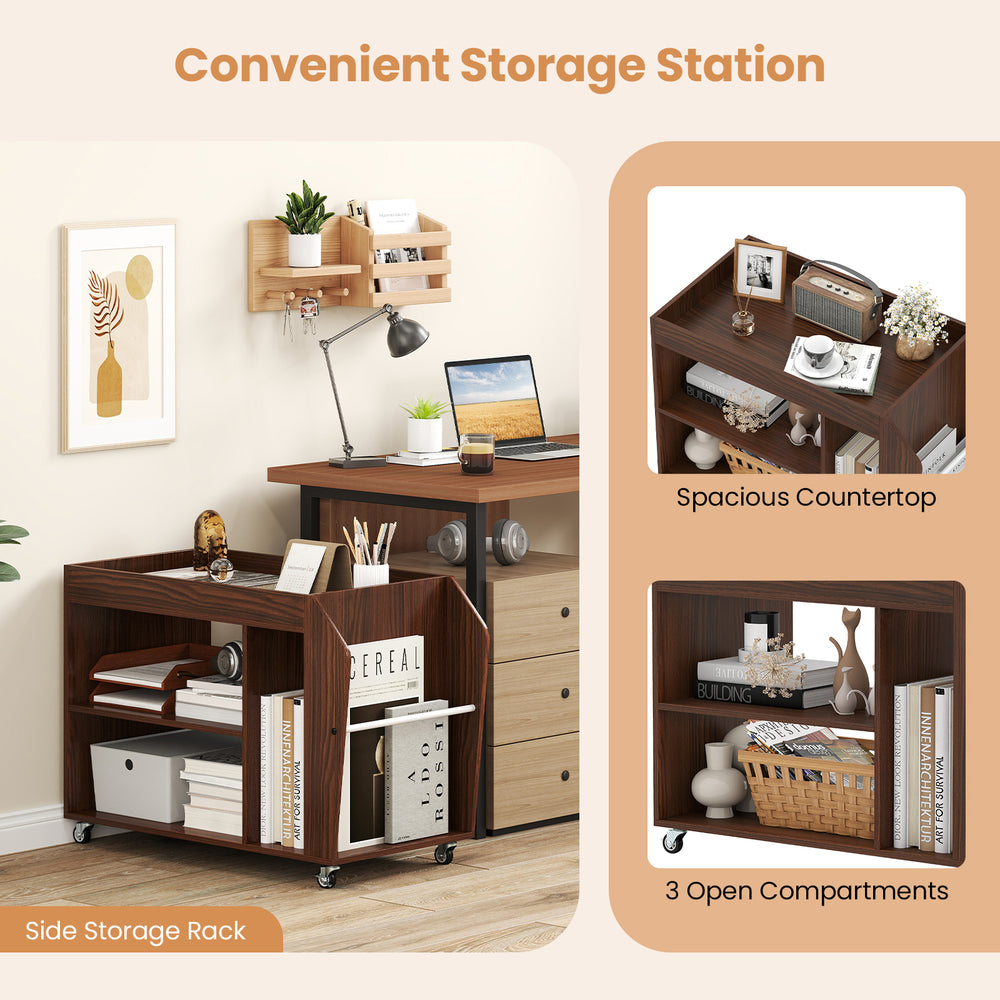 3-tier side end table in walnut with universal wheels, featuring spacious countertop and 3 open compartments for.