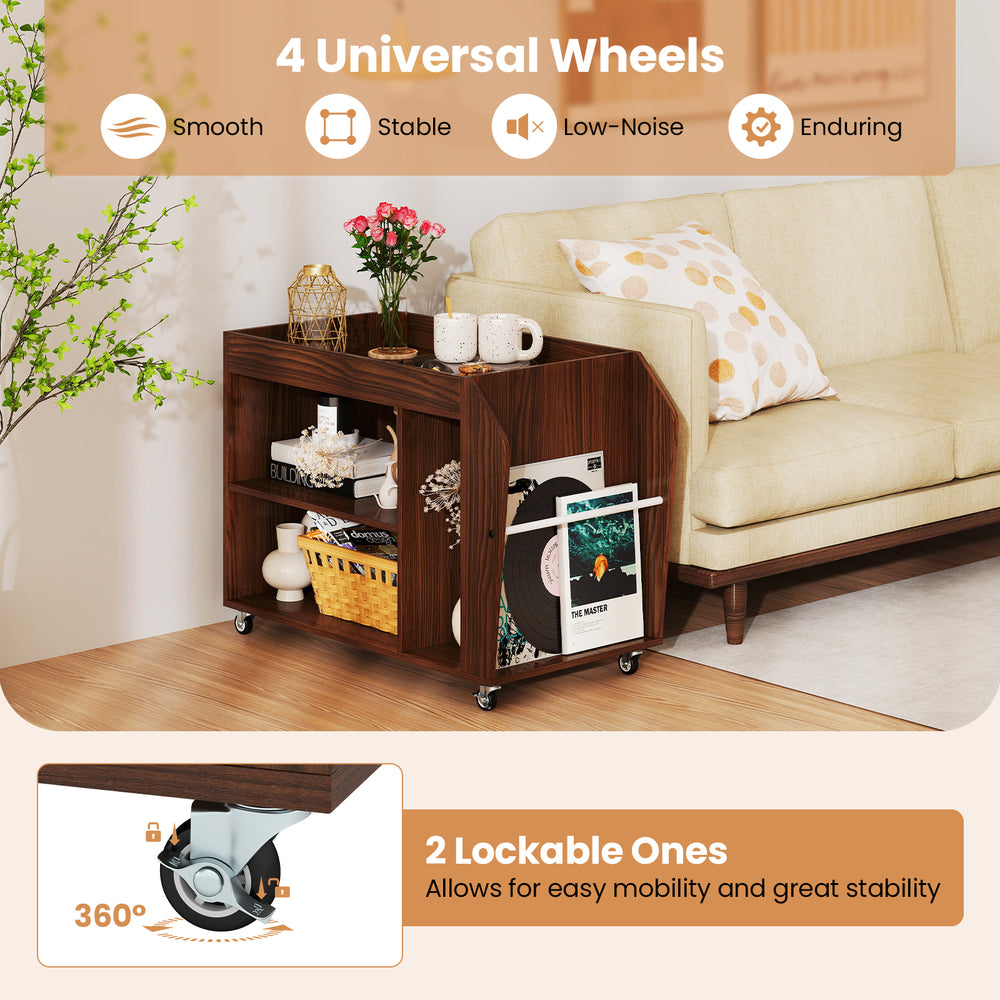 3-tier walnut side end table with universal wheels, featuring 2 lockable wheels for easy mobility and stability.