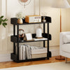 Black 3-tier bookshelf with anti-tipping kit, ideal for living room storage of books and decorations.
