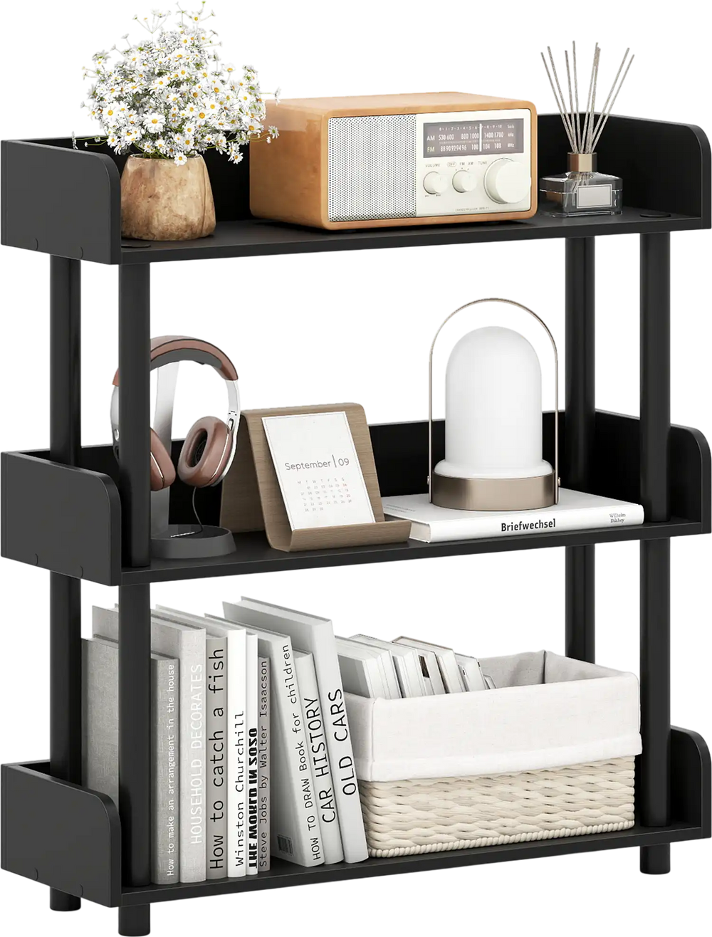 Black 3-tier bookshelf with anti-tipping kit, ideal for living room storage of books and decorative items.
