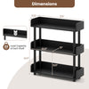 3-tier black bookshelf with anti-tipping kit, dimensions shown, ideal for living room storage and organization.