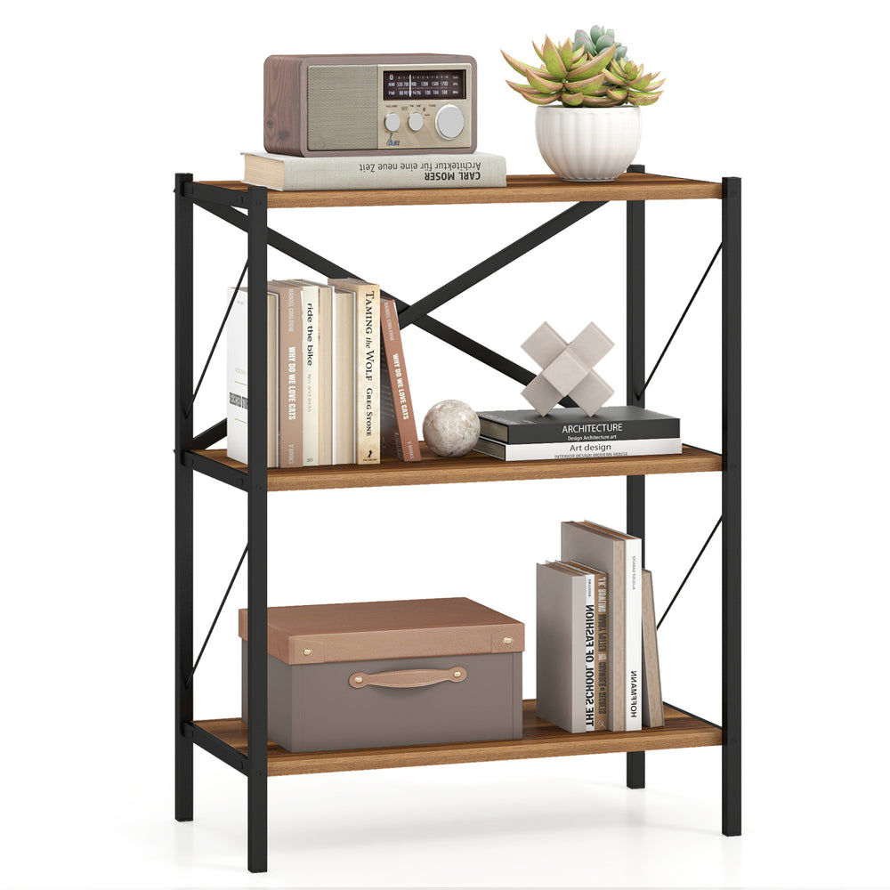 3-tier bookshelf with heavy-duty metal frame, wooden shelves, and X-braced structure for stability, ideal for home.