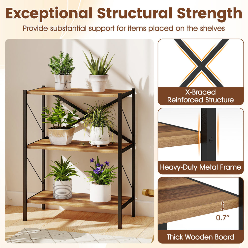 3-tier bookshelf with heavy-duty metal frame and thick wooden boards, ideal for organizing decor in living room or.