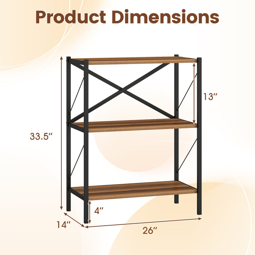 3-tier bookshelf dimensions showing a heavy-duty metal frame and wooden shelves, ideal for living room or home office.