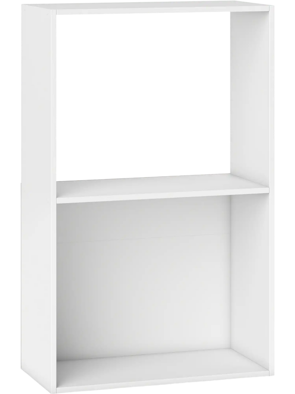 Freestanding 3-tier bookshelf in white with open storage compartment, ideal for organizing books and decorations.