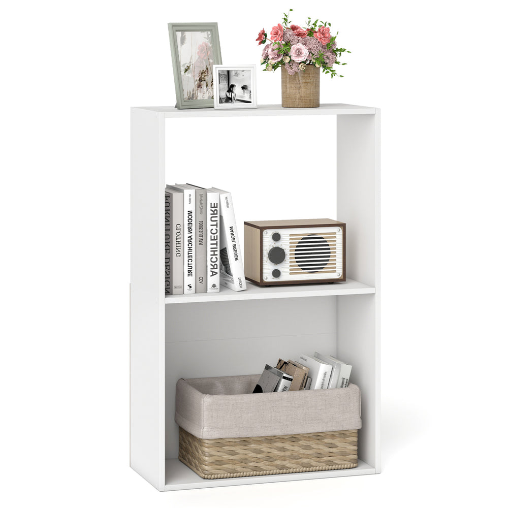 3-tier white bookshelf featuring open storage, spacious countertop, and bottom compartment for versatile home.