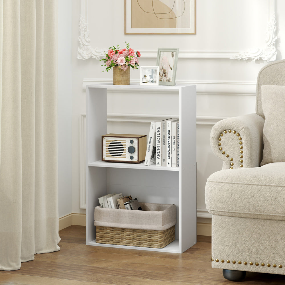 3-tier white bookshelf featuring open storage and a bottom compartment, perfect for organizing books and decor in any.