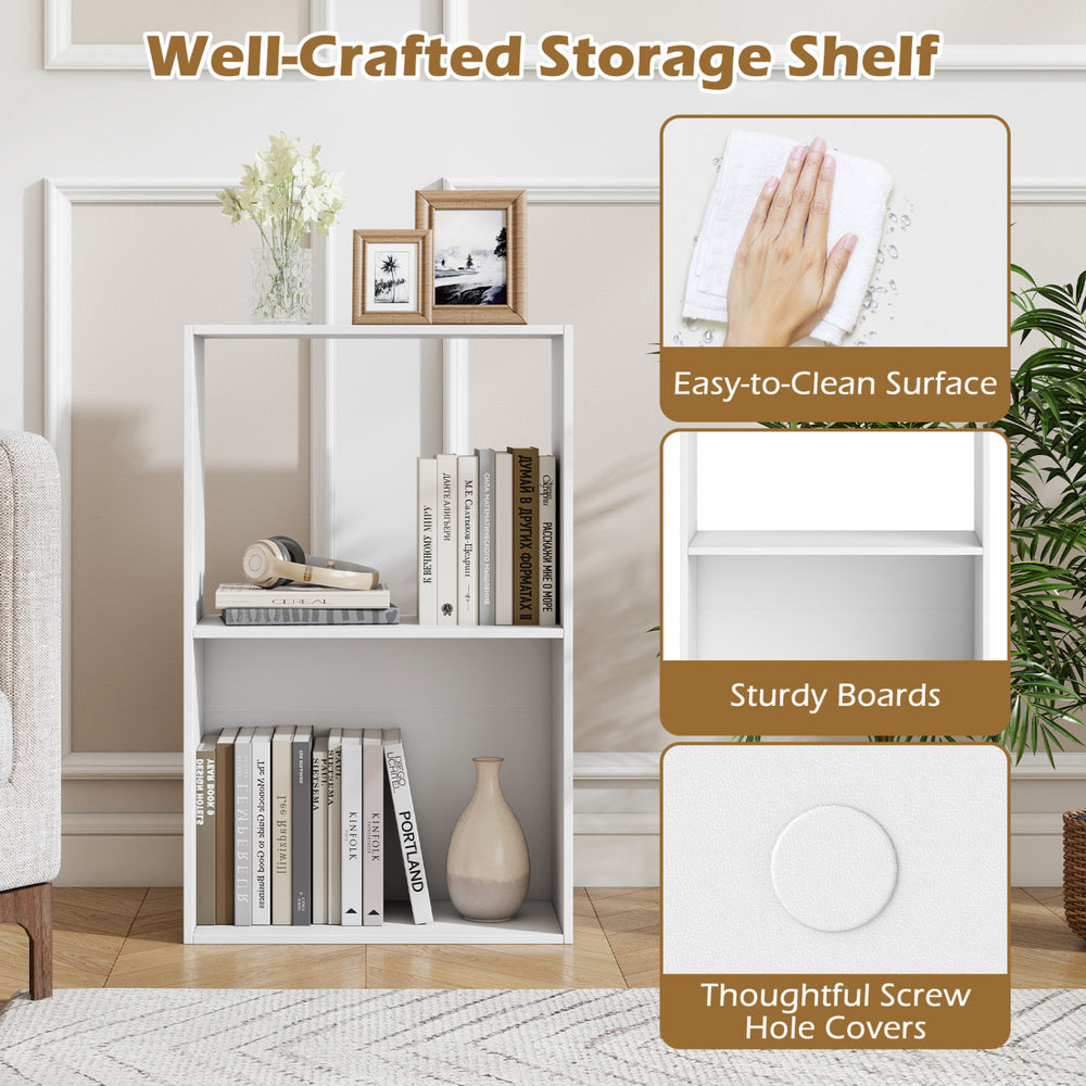 3-tier white bookshelf featuring an open storage compartment, sturdy boards, and easy-to-clean surface for versatile.
