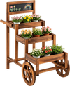 3-tier carbonized fir wood plant display stand with wheels, featuring planter boxes and a chalkboard for outdoor use.