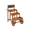 3-tier plant display stand made of carbonized fir wood with wheels, featuring a chalkboard and slatted design for airflow.