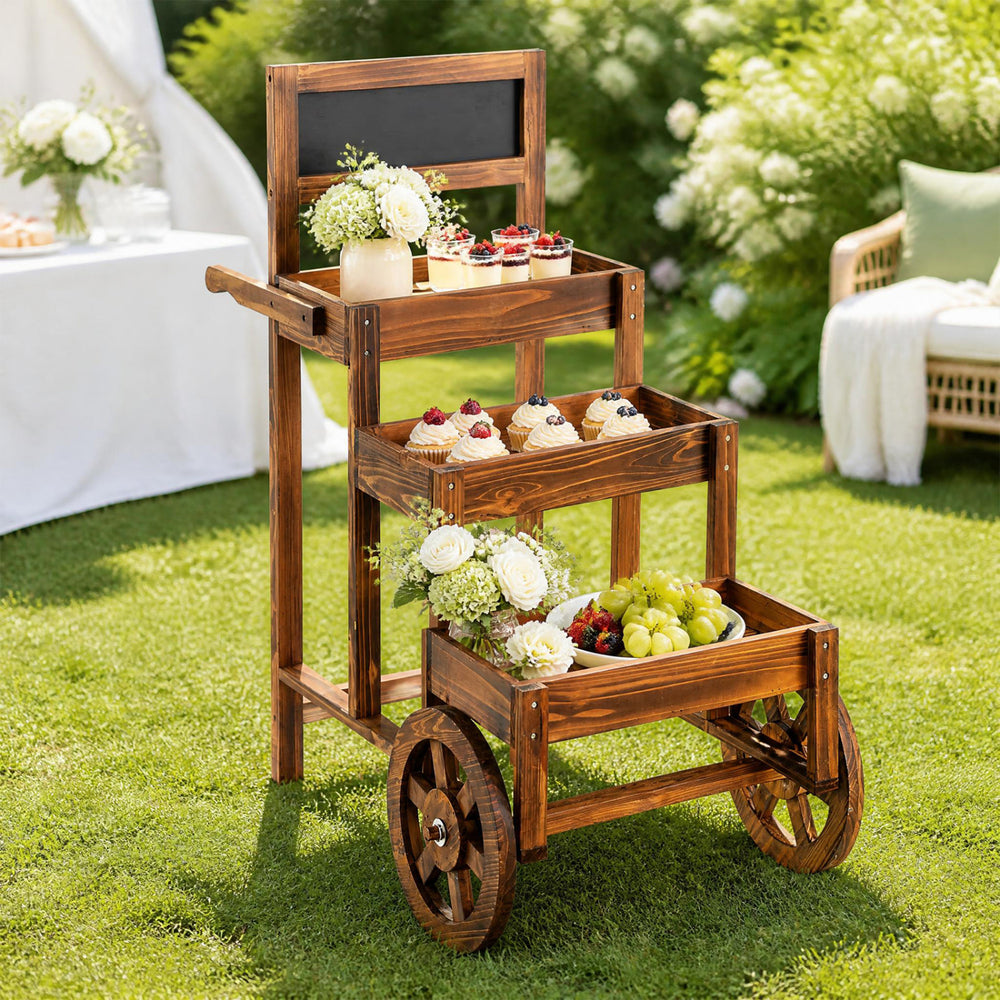 Three-tier carbonized fir wood plant display stand featuring a rustic finish and raised edges, perfect for outdoor settings.