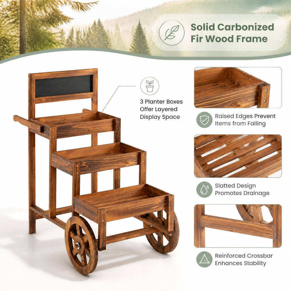 3-tier carbonized fir wood plant display stand with 3 planter boxes and wheels, perfect for gardens and outdoor events.