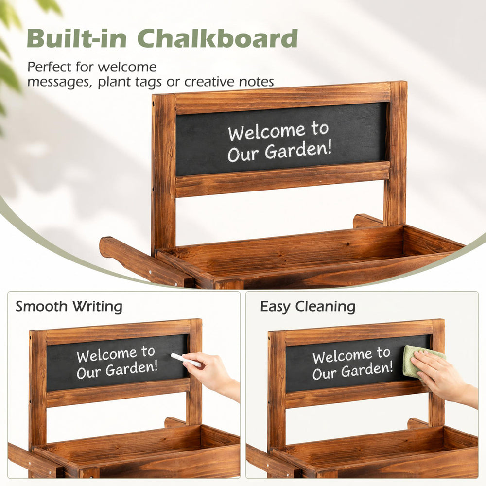 3-tier carbonized fir wood plant display stand with built-in chalkboard, perfect for garden messages and creative notes.