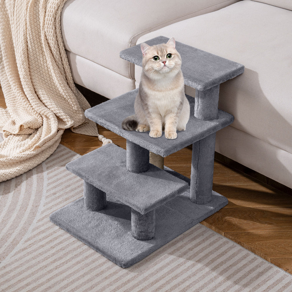 3-tier gray cat stairs with plush steps and scratching posts, ideal for sofas and beds, supporting pets up to 33 lbs.
