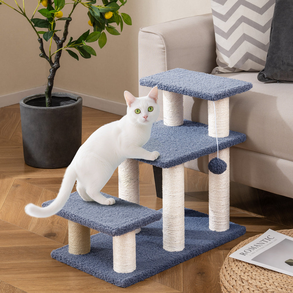 3-tier cat stairs in gray with scratching posts and plush platforms, ideal for climbing and lounging by furniture.
