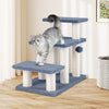 3-tier cat stairs in gray with scratching posts, plush platforms, and a hanging toy ball for climbing and lounging.