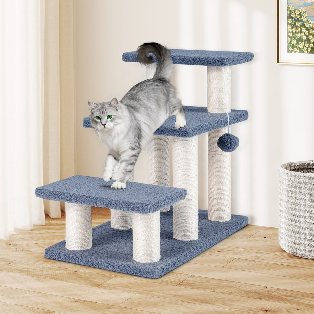 3-tier cat stairs in gray with scratching posts, plush platforms, and a hanging toy ball for climbing and lounging.