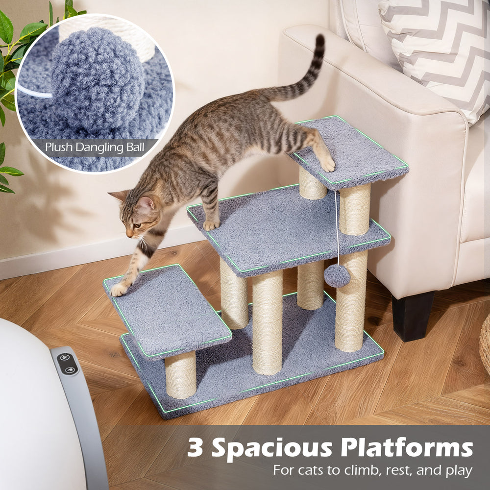 3-tier cat stairs with plush platforms and scratching posts, featuring a dangling toy ball for climbing and lounging.