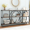 3-tier console table in rustic brown with faux marble top and metal frame, perfect for hallway storage and decor.