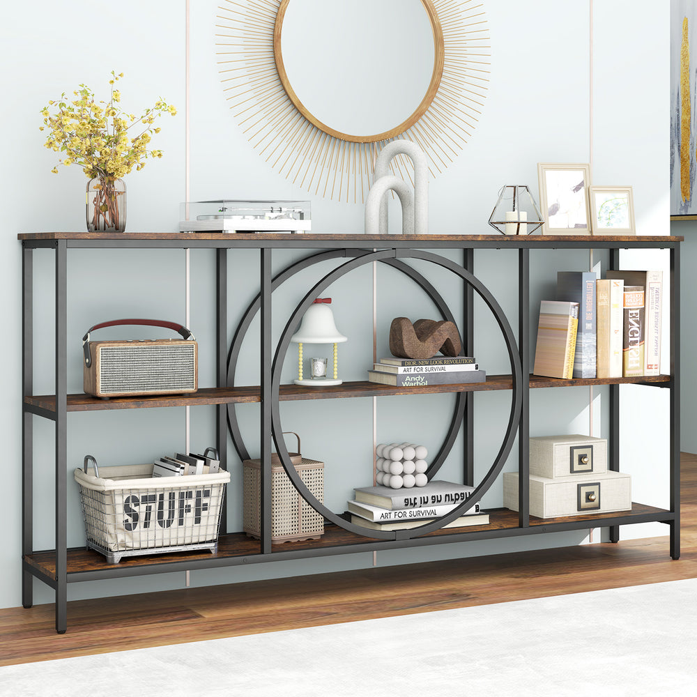 3-Tier Console Table with Faux Marble Top and Storage Shelves for Hallway Living Room-Rustic Brown - Gallery View 1 of 11