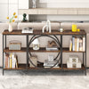 Rustic brown 3-tier console table with faux marble top and open shelves, featuring a heavy-duty metal frame for.