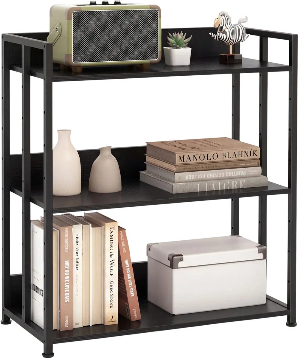 3-tier black corner bookshelf with adjustable shelves and anti-toppling device, ideal for living room or study organization.