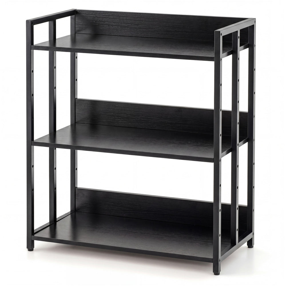 3-tier black corner bookshelf with adjustable shelves and anti-toppling device, perfect for study or living room use.