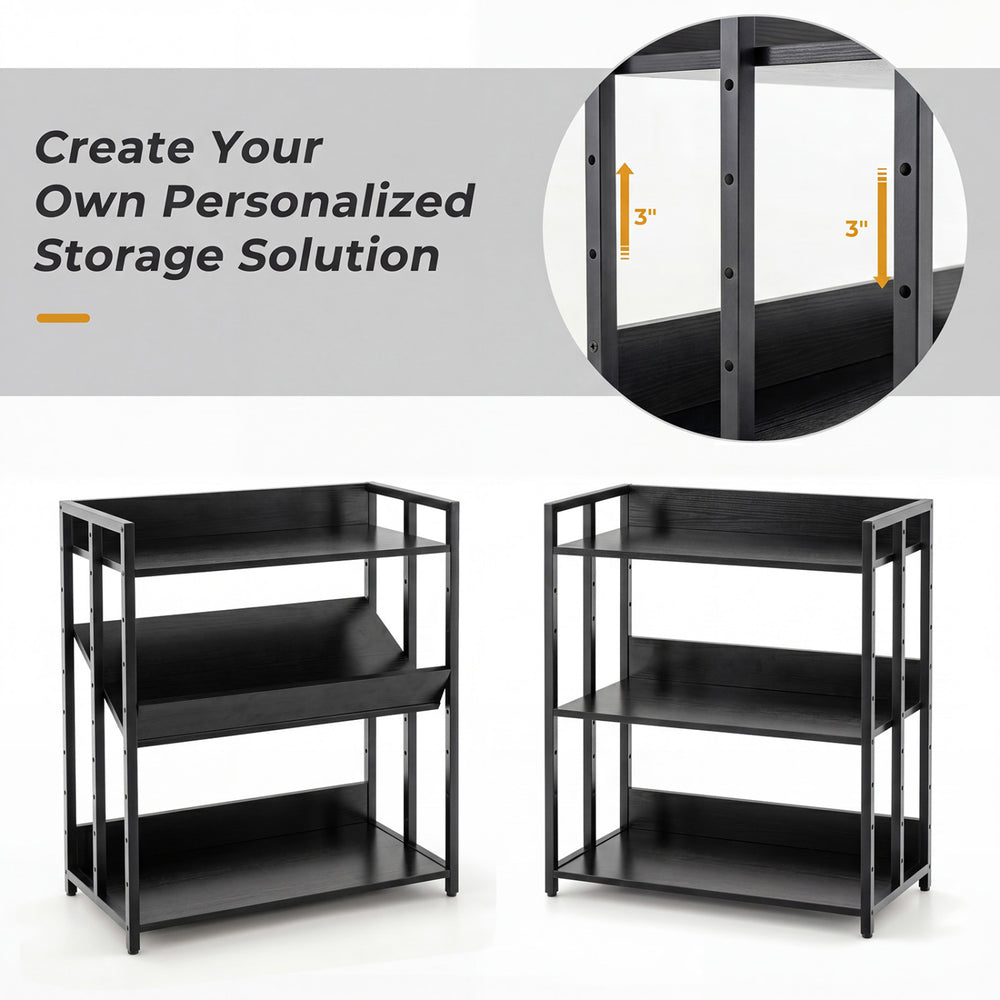 3-tier black corner bookshelf with adjustable shelves and anti-toppling device, perfect for living room or study organization.