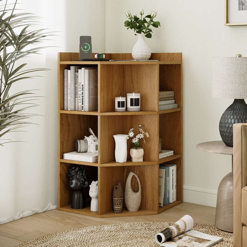 3-tier corner cabinet in natural wood with charging station, featuring 9 cubes for storage and space-saving design.