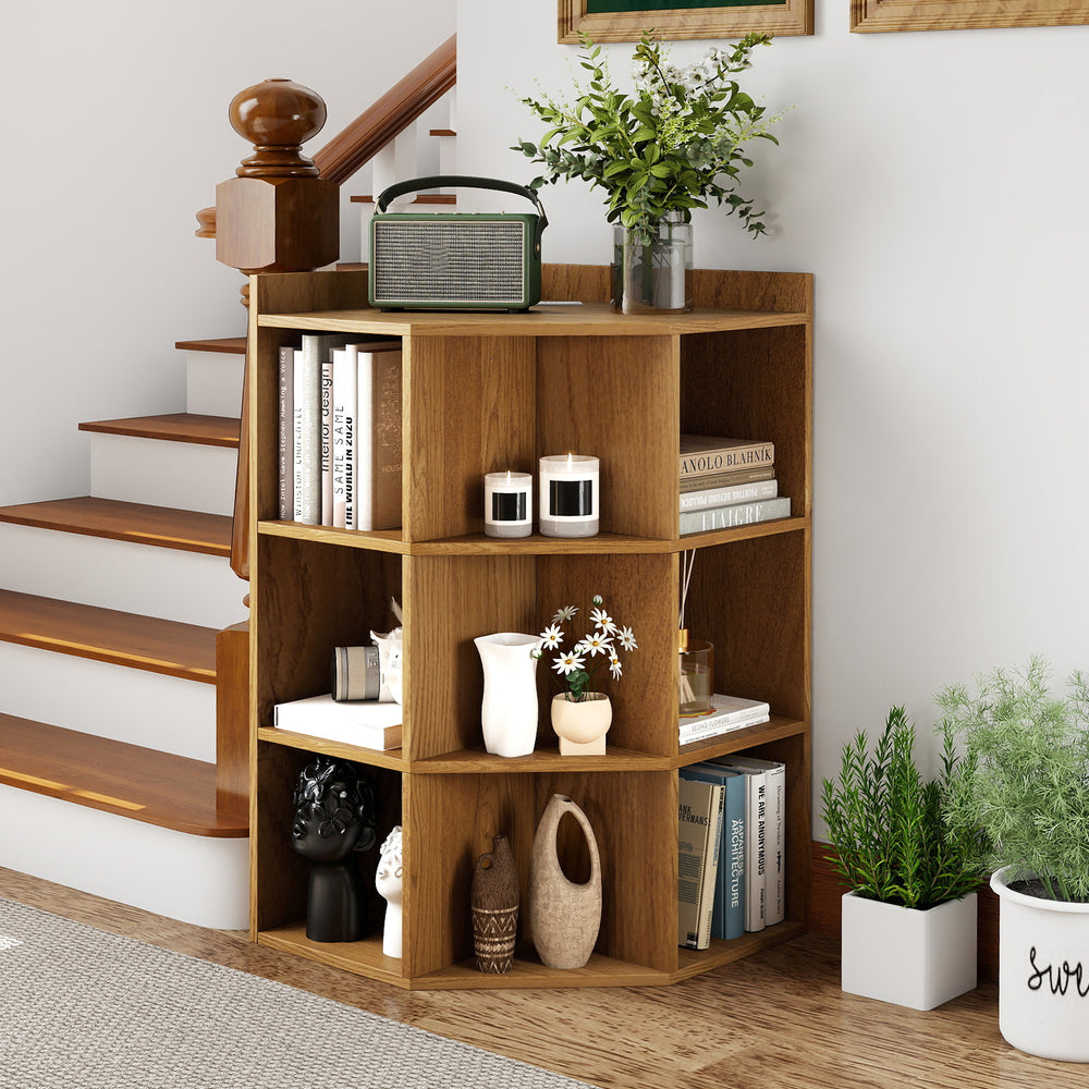 Natural wood 3-tier corner cabinet with 9 open cubes, perfect for displaying books and ornaments in tight spaces.