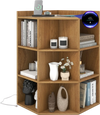 Natural wood 3-tier corner cabinet with 9 storage cubes and a sleek charging station, perfect for books and decor.