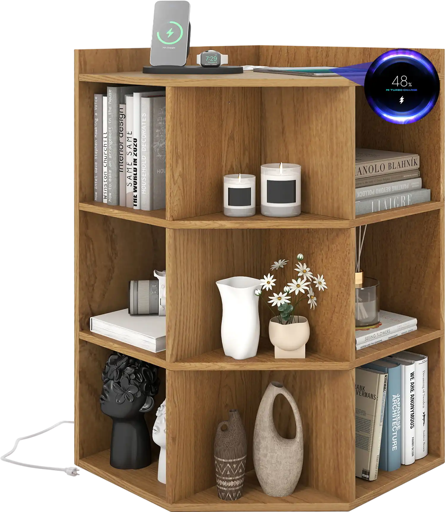 Costway 3-Tier Corner Cabinet with Charging Station Bedroom Sideboard 21386597 New