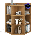 Natural wood 3-tier corner cabinet with 9 storage cubes and a sleek charging station, perfect for books and decor.