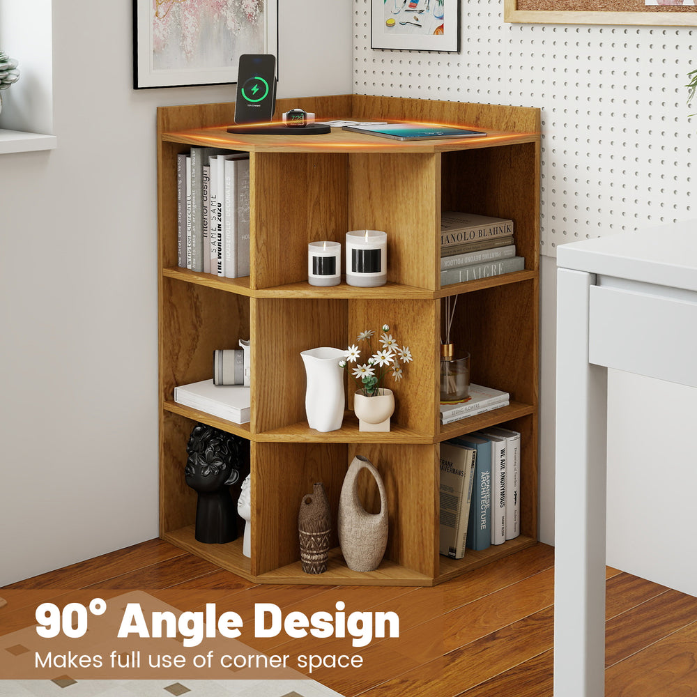 3-tier corner cabinet in natural wood with charging station, designed for space-saving and easy access in small areas.