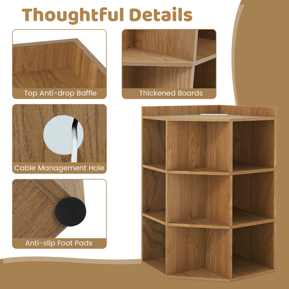 3-tier corner cabinet in natural finish with cable management hole, anti-slip foot pads, and anti-dropping baffles for.