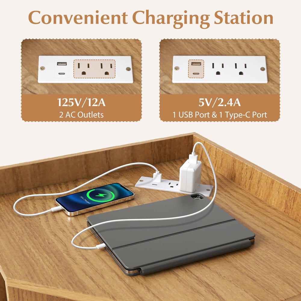 3-tier corner cabinet with charging station, featuring 4 outlets and 2 USB ports, ideal for bedroom or small spaces.