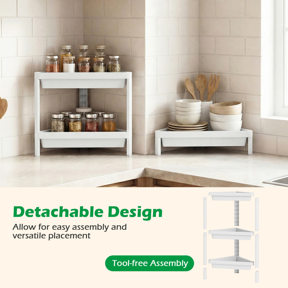 3-tier corner shower caddy in white with detachable design, perfect for efficient storage in bathrooms and kitchens.
