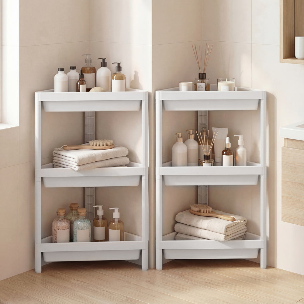 3-tier white corner shower caddy set with detachable design, perfect for efficient bathroom storage and organization.