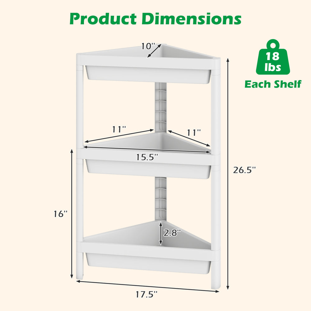 3-tier corner shower caddy in white with detachable design, featuring waterproof PP material and drainage holes for.