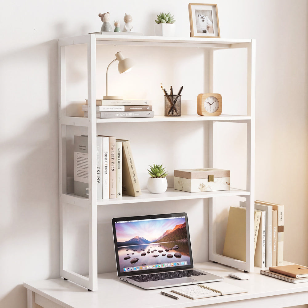 3-tier countertop storage hutch in white with open shelves, featuring a robust metal frame for organization and.