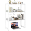 3-tier white countertop storage hutch with open shelves, featuring a robust metal frame for organization and stability.