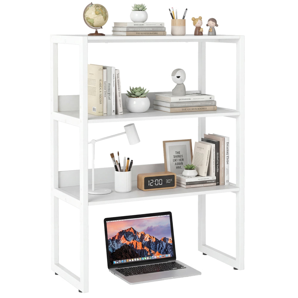 3-tier white countertop storage hutch with open shelves, featuring a robust metal frame for organization and stability.