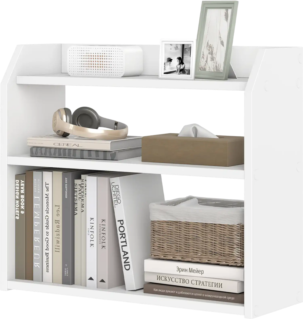 3-tier white wooden desktop bookshelf with raised guardrails, perfect for organizing books and decor in small spaces.
