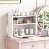 3-tier white wooden desktop bookshelf with raised guardrails, ideal for organizing books and cosmetics in small spaces.