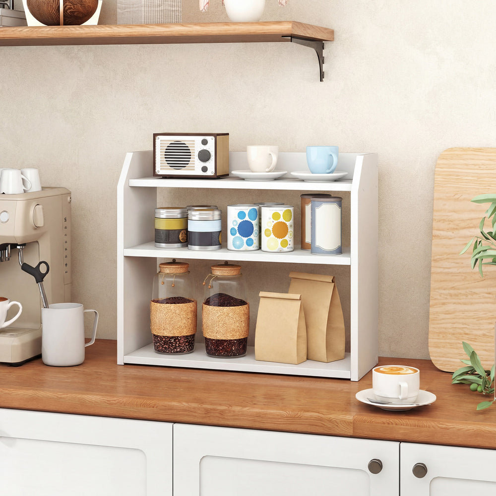 3-tier white wooden desktop bookshelf with raised guardrails, ideal for organizing books and kitchen items in small.