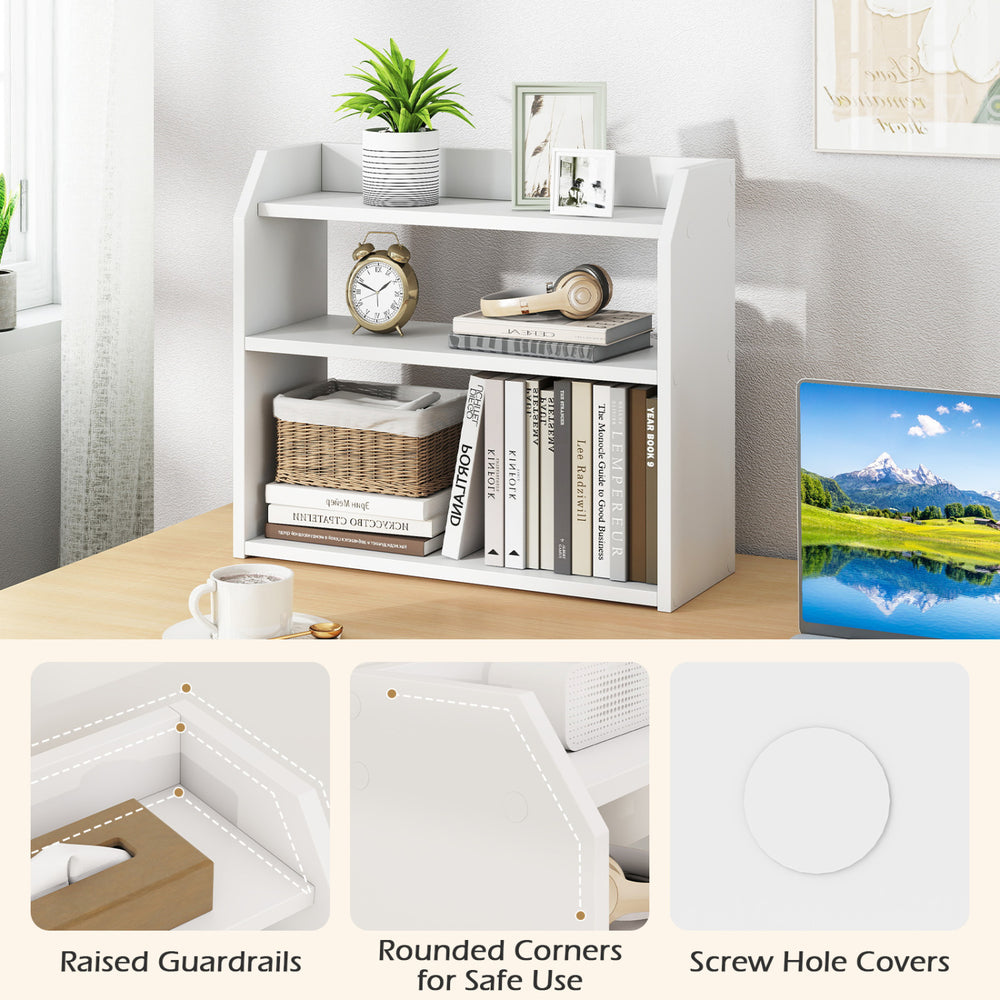 3-tier white desktop bookshelf with raised guardrails and rounded corners, ideal for organizing books in small spaces.