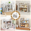 3-tier white wooden desktop bookshelf with raised guardrails, ideal for organizing books and items in small spaces.